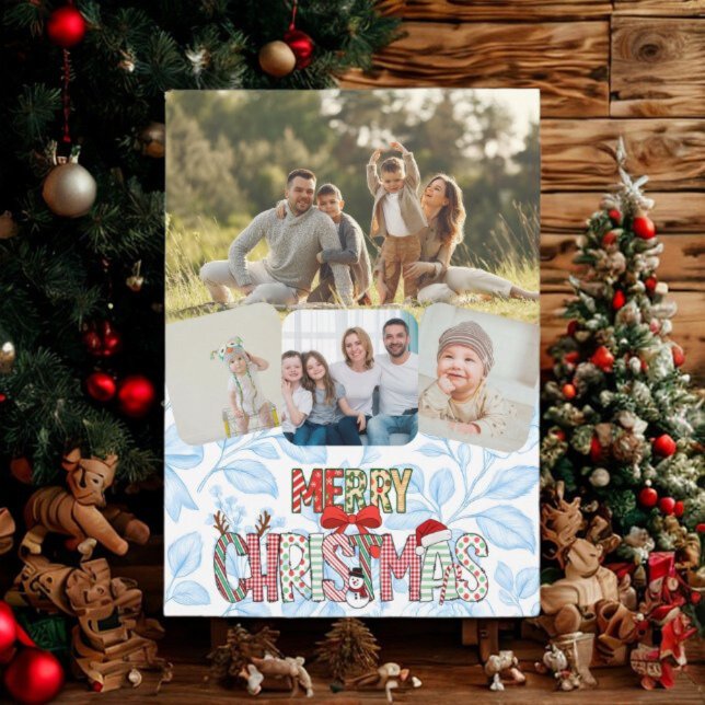 Cartão De Festividades Rustic 4 Photo Merry Christmas Holiday Card (Criador carregado)