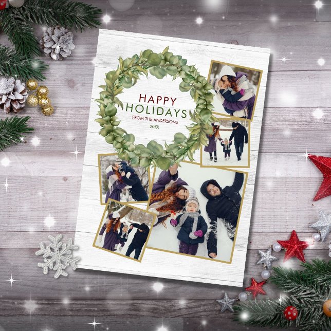 Cartão De Festividades Rustic 5 Photo Collage Greenery Burgundy Natal (Criador carregado)