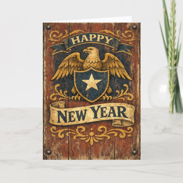 Cartão De Festividades Rustic Americana Eagle Shield New Year (Frente)