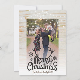 Cartão De Festividades Rustic Antlers String Light Foto Feliz Natal