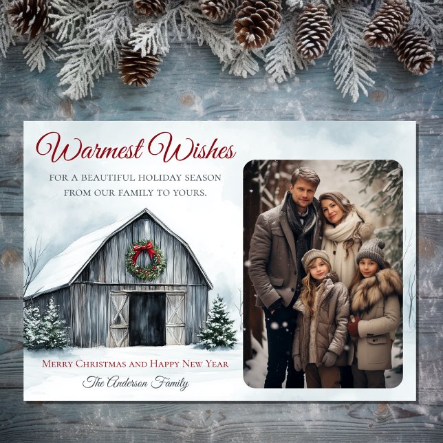 Cartão De Festividades Rustic Barn Whot Deseja Foto de Natal Fazenda (Rustic Barn Warmest Wishes Farm Christmas Photo Holiday Card)