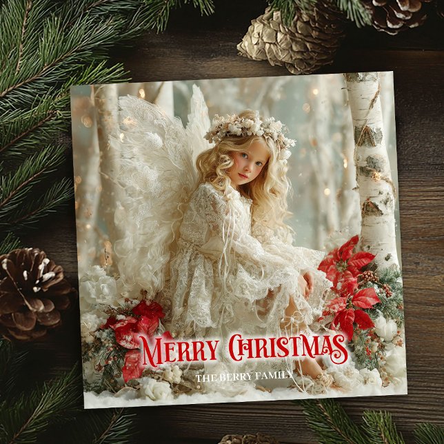 Cartão De Festividades Rustic beautiful angel red poinsettias seasonal  (Rustic beautiful angel red poinsettias seasonal card)