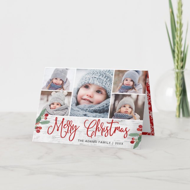 Cartão De Festividades Rustic Birch Christmas 5 FOTOS Saudação (Frente)