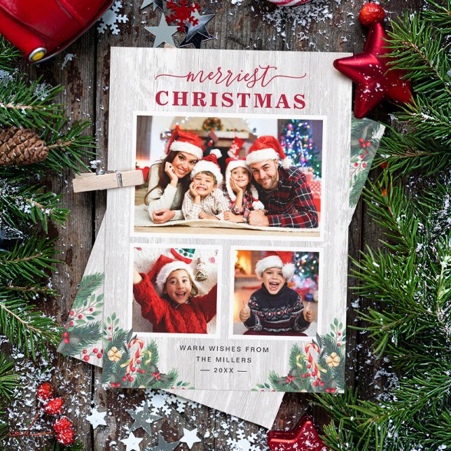 Cartão De Festividades Rustic Birch Mistletoe Merriest Christmas 3 Photo (Criador carregado)