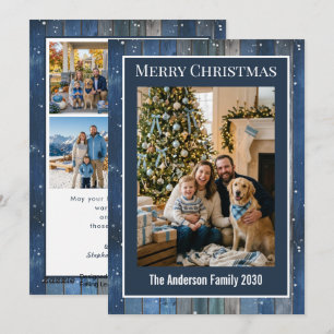 Cartão De Festividades Rustic Blue Wood 5 Foto Personalizado