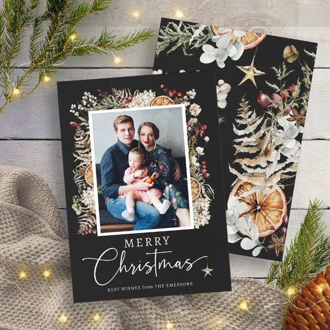 Cartão De Festividades Rustic Boho Christmas (Elegant Black Rustic Boho Christmas Holiday Card
)