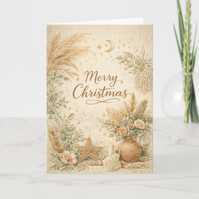 Cartão De Festividades Rustic Boho Neutral Floral Merry Christmas (Frente)