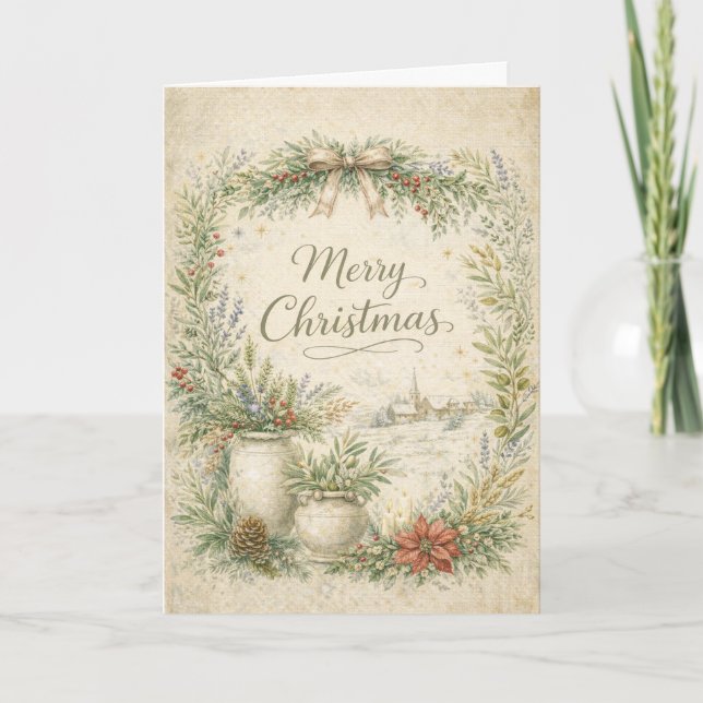Cartão De Festividades Rustic Botanical Wreath Merry Christmas  (Frente)