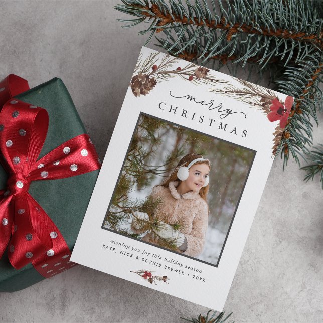 Cartão De Festividades Rustic Bough | Holiday Photo Card (Criador carregado)