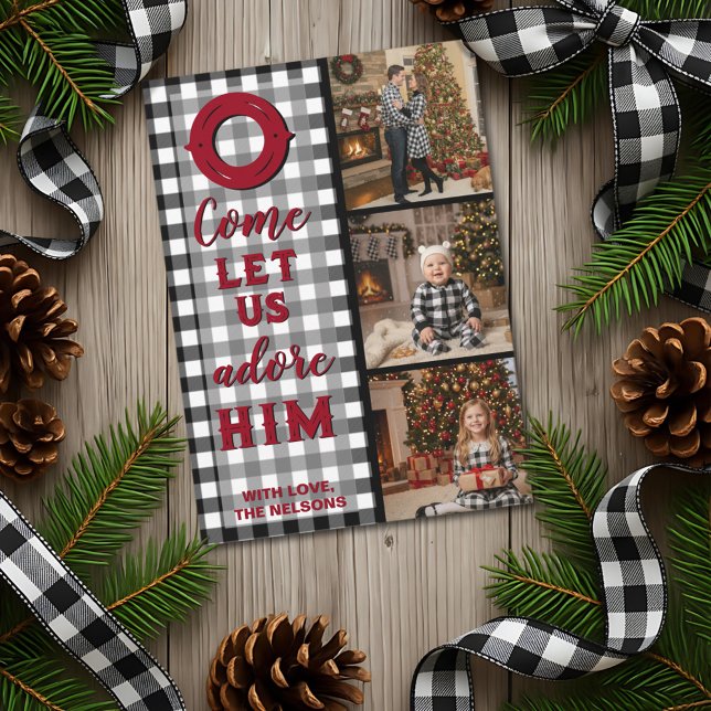 Cartão De Festividades Rustic Buffalo Plaid Come Let Us Adore Him Photo (Criador carregado)