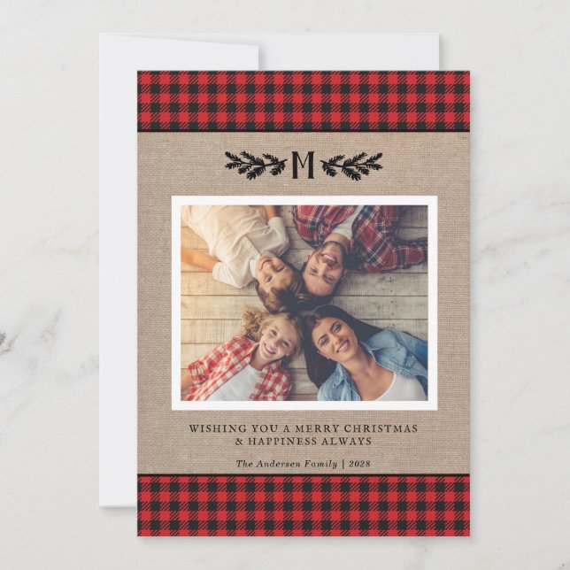 Cartão De Festividades Rustic Buffalo Plaid Monogrammed Photo Christmas  (Frente)