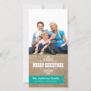 Cartão De Festividades Rustic Burlap com Teal Banner Foto Natal