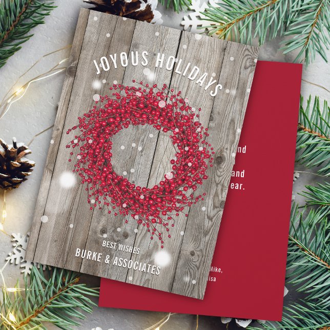 Cartão De Festividades Rustic Business Winter Berry Wood Personalizado (Rustic Business Winter Berry Wood Personalized Holiday Card)