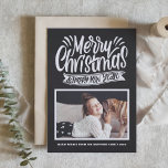 Cartão De Festividades Rustic Chalkboard Merry Christmas Typography Photo<br><div class="desc">Merry Christmas and a Happy New Year! Send your holiday greetings to family and friends with this chalkboard-themed holiday card. It features rustic chalk typography with a faux chalkboard background. Personalize by adding photos,  names and messages. This rustic Christmas card is available in other cardstocks.</div>