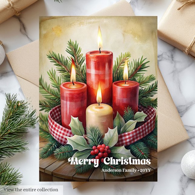 Cartão De Festividades Rustic Christmas candles card red green holiday (Rustic Christmas bells card red green holiday charm

)
