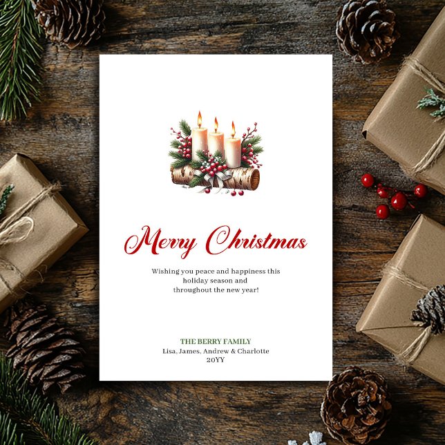 Cartão De Festividades Rustic Christmas candles holly and pine card (Rustic Christmas candles holly and pine card)