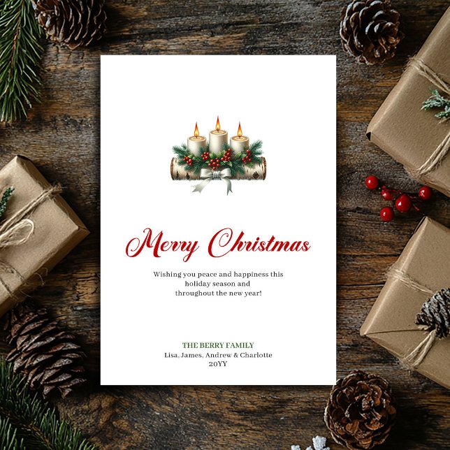 Cartão De Festividades Rustic Christmas candles pine branch holiday card (Rustic Christmas candles pine branch holiday card)