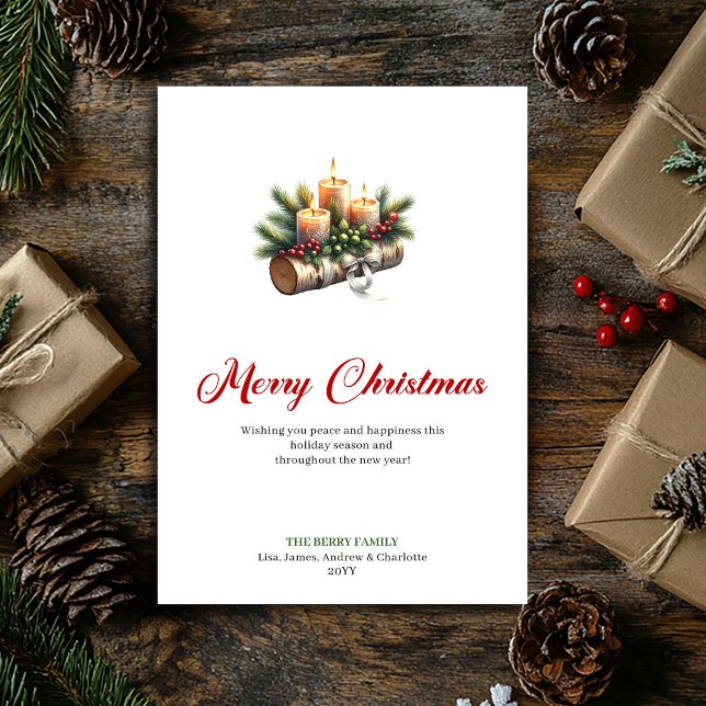 Cartão De Festividades Rustic Christmas candles pine holly design card (Rustic Christmas candles pine holly design card)