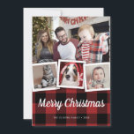 Cartão De Festividades Rustic Christmas Red Buffalo Plaid Check 4 Photo<br><div class="desc">Rustic Christmas holiday card featuring the words "Merry Christmas" and photo collage with 4 images over red buffalo plaid/check pattern. The back features a simple brown wood background.Easily customize with your details and favorite pictures.</div>