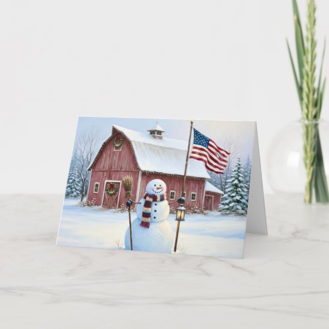 Cartão De Festividades Rustic Christmas Snowman American Flag (Frente)
