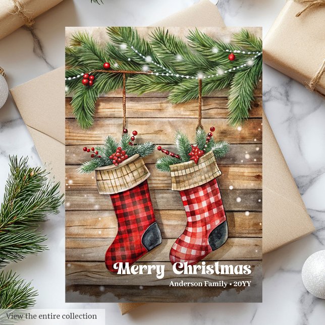 Cartão De Festividades Rustic Christmas stocking traditional pine wreath (Rustic Christmas stocking traditional pine wreath Holiday Card )