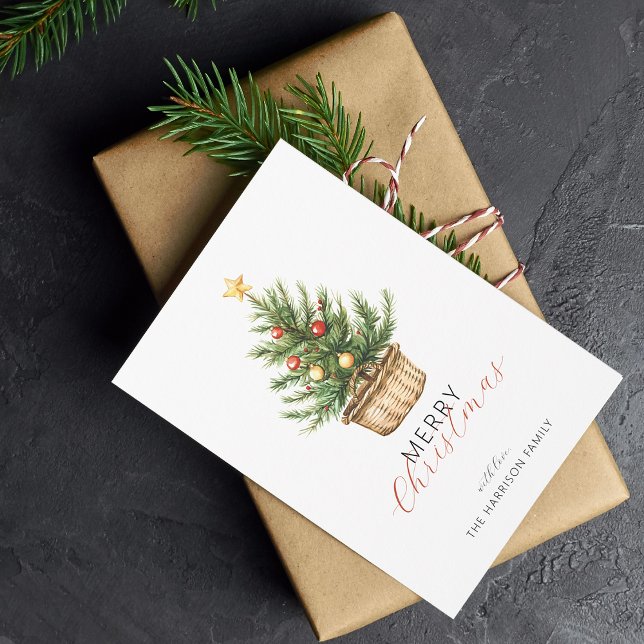 Cartão De Festividades Rustic Christmas Tree In Basket Flat (Rustic Christmas Tree In Basket Flat Holiday Card)