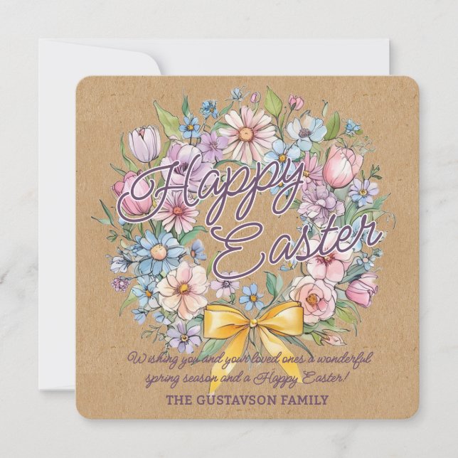 Cartão De Festividades Rustic Colorful Floral Wreath With Yellow Bow (Frente)