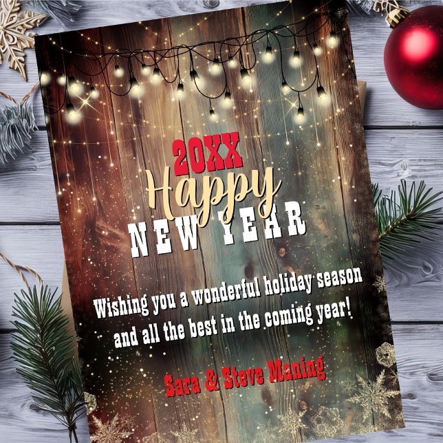 Cartão De Festividades Rustic Country Christmas lights Happy New Year (Criador carregado)