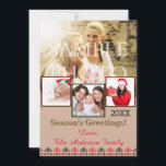 Cartão De Festividades Rustic Crochet Collage Holiday Photo Card<br><div class="desc">Personalize with four photos and your own greeting! One large photo,  three small. Designed with a rustic crochet pattern background in shades of tan,  red,  and black. Shown here with "Season's Greetings" but can be changed to Merry Christmas,  Happy Holidays,  or anything else.</div>