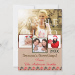 Cartão De Festividades Rustic Crochet Collage Holiday Photo Card<br><div class="desc">Personalize with four photos and your own greeting! One large photo,  three small. Designed with a rustic crochet pattern background in shades of tan,  red,  and black. Shown here with "Season's Greetings" but can be changed to Merry Christmas,  Happy Holidays,  or anything else.</div>