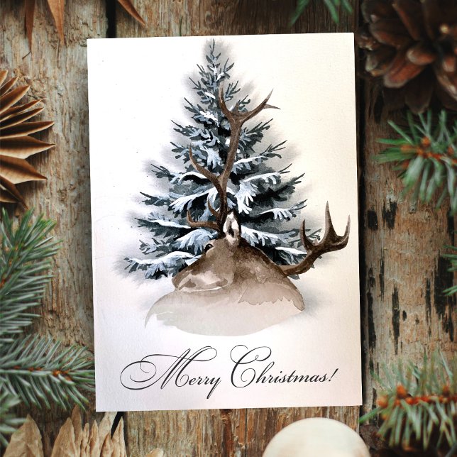Cartão De Festividades Rustic Deer E Evergreen Costumam Feliz Natal (Rustic Deer And Evergreen Custom Merry Christmas Holiday Card)