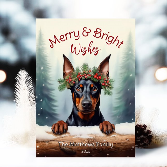 Cartão De Festividades Rustic Doberman Pinscher Pet Retrato de Natal (Adorable Winter Snowy Scene With Peeking Dogs or Farm/Woodland Animals - Over 50 to Choose From!)