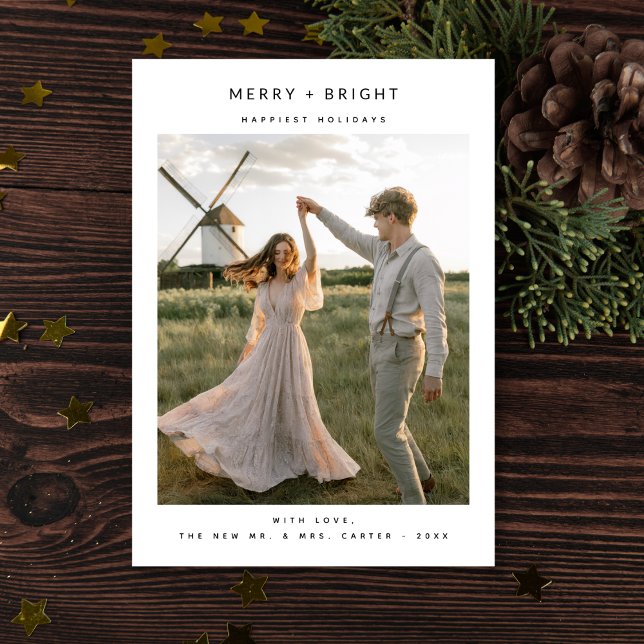 Cartão De Festividades Rustic Elegant Merry and Bright Photo Newlywed (Criador carregado)