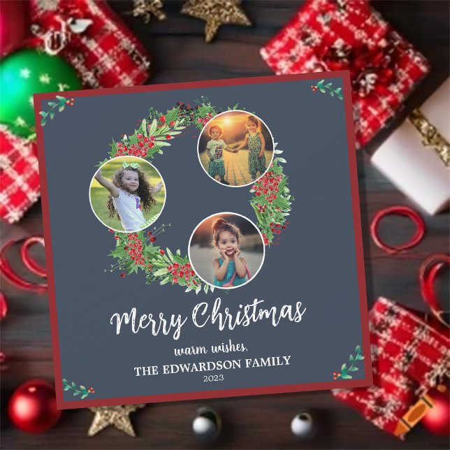 Cartão De Festividades Rustic family photo collage Merry Holiday card (Create your own family photo collage Merry Holiday card.
You can add your own photos, name and text.)
