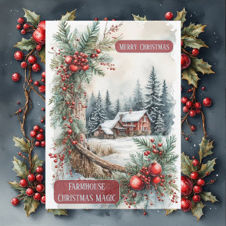 Cartão De Festividades Rustic Farmhouse Magic Christmas Country Berries 
