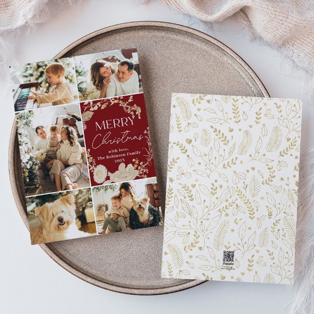 Cartão De Festividades Rustic Felry Christmas 5 Photo Red (Criador carregado)