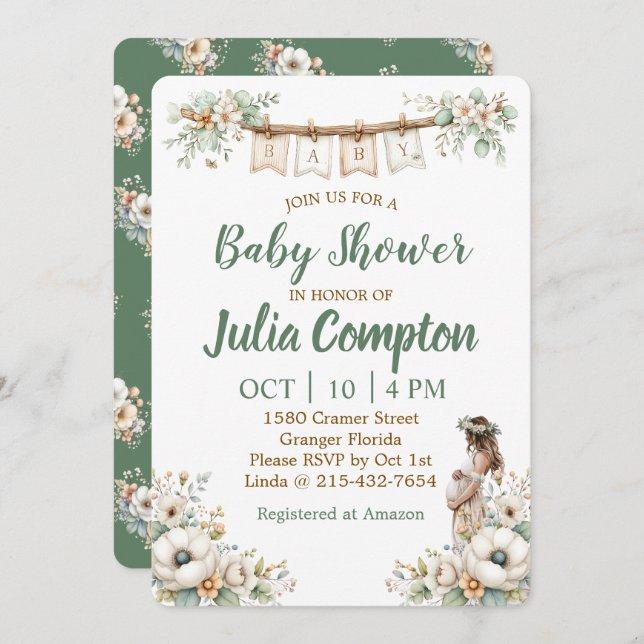 Cartão De Festividades Rustic Floral Baby Shower Invitation  (Frente/Verso)