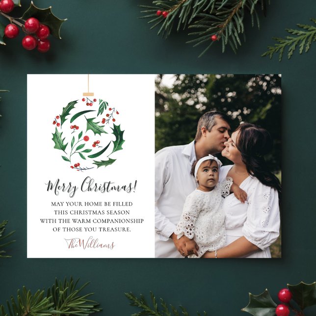 Cartão De Festividades Rustic Floral Ball Christmas Family Photo Red (Criador carregado)