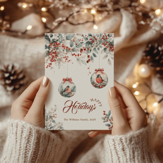 Cartão De Festividades Rustic Floral Red Bullfinch Bird Snow Natal (Criador carregado)