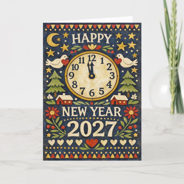 Cartão De Festividades Rustic Folk Art Happy New Year 2027 (Frente)
