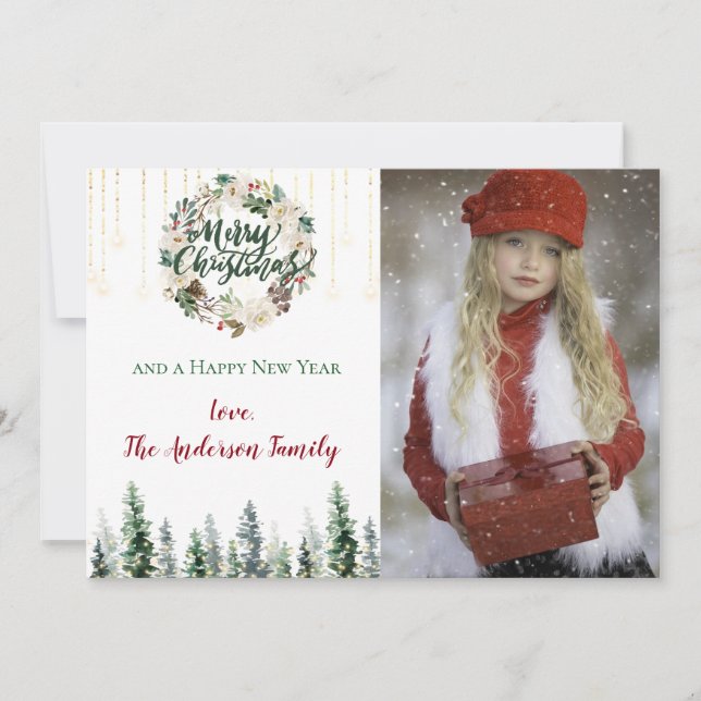 Cartão De Festividades Rustic Forest Lights Felry Foto de Natal (Frente)