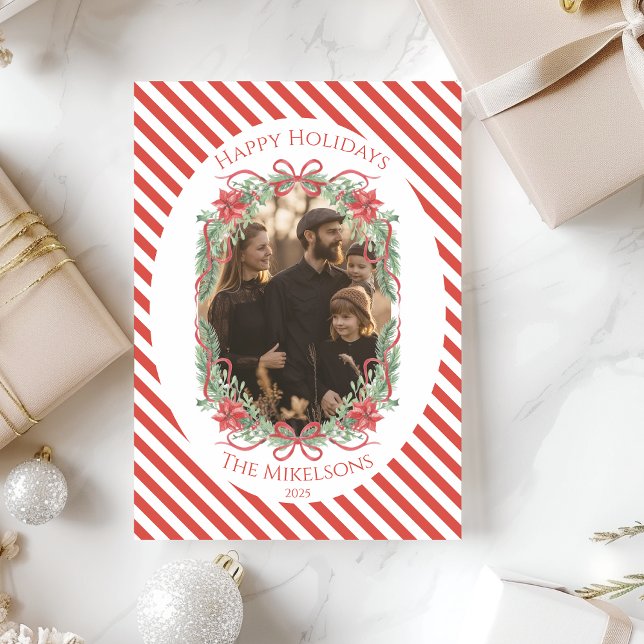 Cartão De Festividades Rustic Gingham Poinsettia Photo Christmas (Criador carregado)