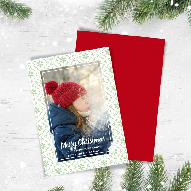 Cartão De Festividades Rustic Green Felry Christmas One Photo (Merry Christmas photo card with green snowflake pattern,)