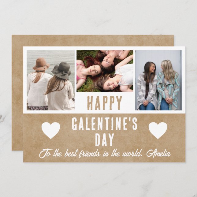 Cartão De Festividades Rustic Heart Galentine's Day Friends 3 Foto (Frente/Verso)