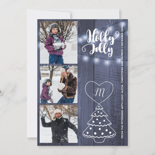 Cartão De Festividades Rustic Holly Jolly 3 fotos colagem madeira de cele (Frente)