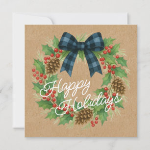 Cartão De Festividades Rustic Holly Wreath Blue Arco Checkered Black