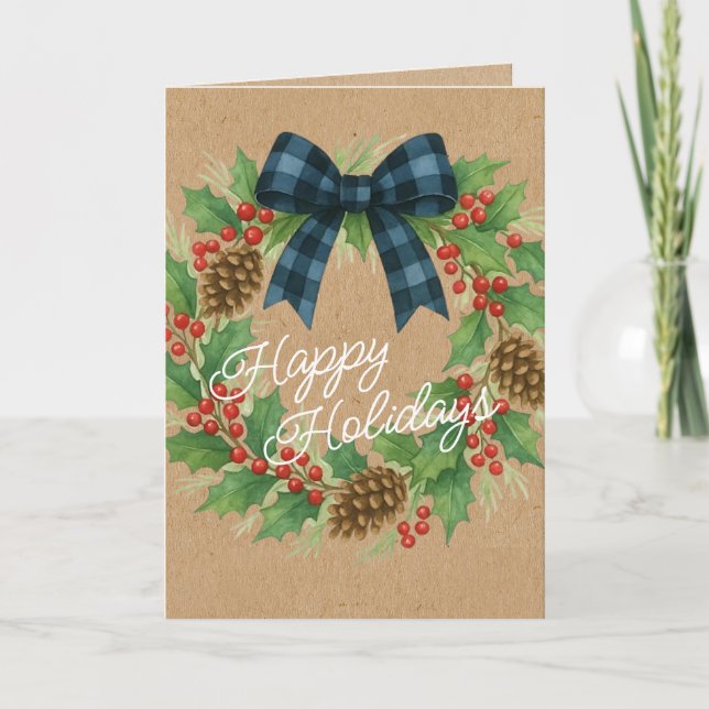 Cartão De Festividades Rustic Holly Wreath Blue Arco Checkered Black (Frente)
