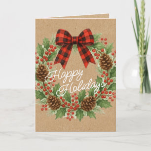 Cartão De Festividades Rustic Holly Wreath Red Black Checking Arco