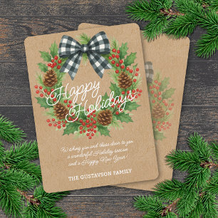 Cartão De Festividades Rustic Holly Wreath White Black Checking Arco
