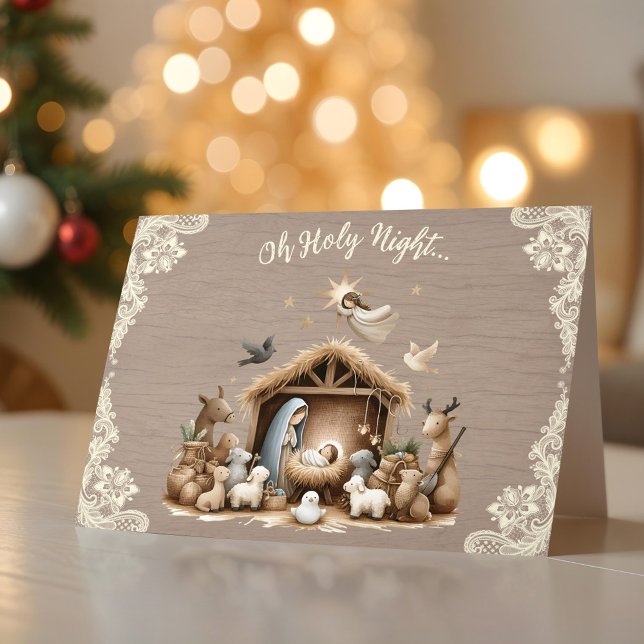 Cartão De Festividades Rustic Lace and Wood Nativity Scene Christmas Card (Rustic Lace and Wood Nativity Scene Christmas Card)